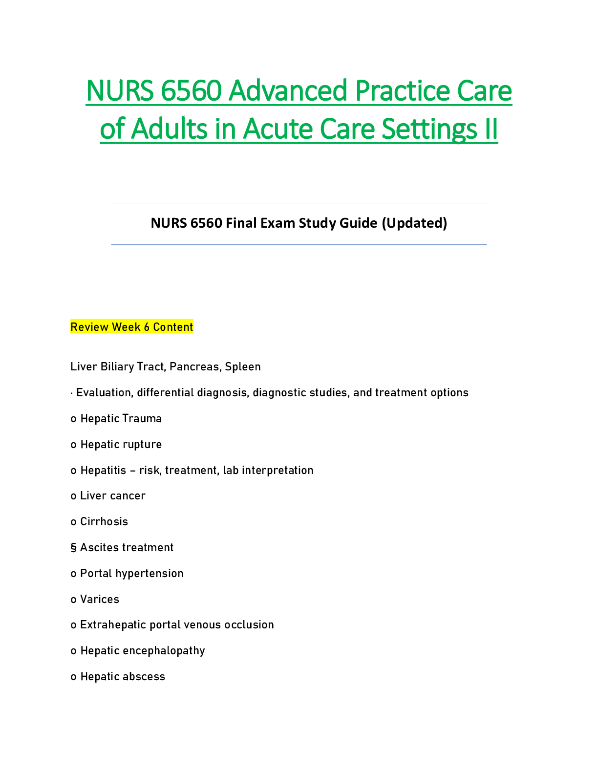 Preview of NURS6560 / NURS 6560 Final Exam Study Guide (Updated)  : Advanced Practice Care of Adults